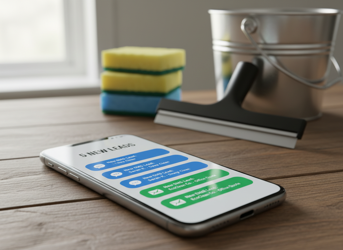 A close-up, photographic-realistic smartphone lying on a wooden counter, its screen prominently displaying incoming lead notifications for a cleaning business, each represented as clean, icon-based message cards with distinct colors for SMS and email. Behind the phone, slightly out of focus, sit neatly stacked sponges, a folded squeegee, and a gleaming metal bucket, suggesting an active job site. Soft, natural morning light streams in from the left, catching subtle reflections on the screen’s glass and the stainless steel bucket rim. Captured at a low, three-quarter angle with shallow depth of field, the composition emphasizes the urgency and accessibility of new enquiries while maintaining a calm, controlled, and modern atmosphere.