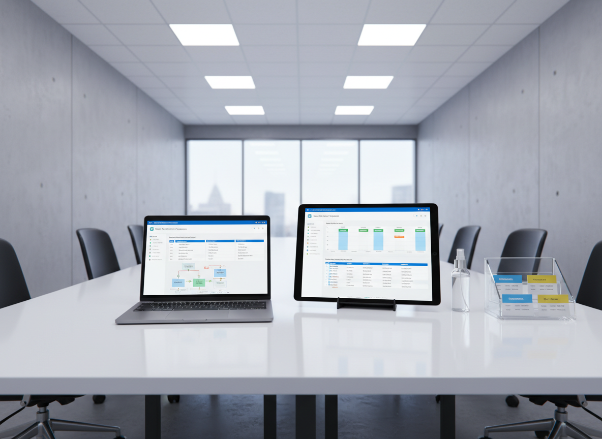 An immaculate conference-style desk in a minimalist office, featuring an open laptop and an adjacent large tablet, each displaying different parts of a lead management system for cleaning businesses: the laptop shows automated follow-up sequences and qualification stages, while the tablet presents quote follow-up and booking support timelines. On the far side of the desk, a transparent organizer holds color-coded cleaning schedule cards and a small, spotless spray bottle as a subtle nod to the industry. Overhead LED panel lighting creates even, cool-toned illumination with crisp highlights on glass and metal surfaces. Shot from a slightly elevated, wide-angle perspective in photographic realism, the composition feels structured and analytical, conveying reliability, precision, and full-process control.
