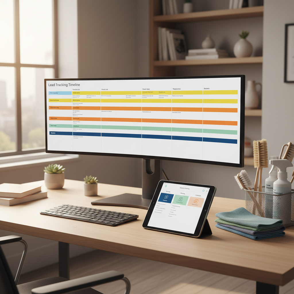 A bright, organized home office with a large curved monitor showing a detailed lead tracking timeline for a cleaning service, filled with color-coded stages from first enquiry through booking. In the foreground, a tablet lies on the desk, its screen glowing with a simplified version of the same system. To one side sits a caddy of neatly arranged cleaning tools—soft bristle brushes, folded microfiber towels, and labeled spray bottles—symbolizing the busy work in the field. Warm, diffused afternoon light pours through a big window, giving the scene a calm but energetic atmosphere. Photographic realism from a slightly elevated angle, using the rule of thirds to balance technology and tools, with sharp focus throughout for a crisp, professional feel.