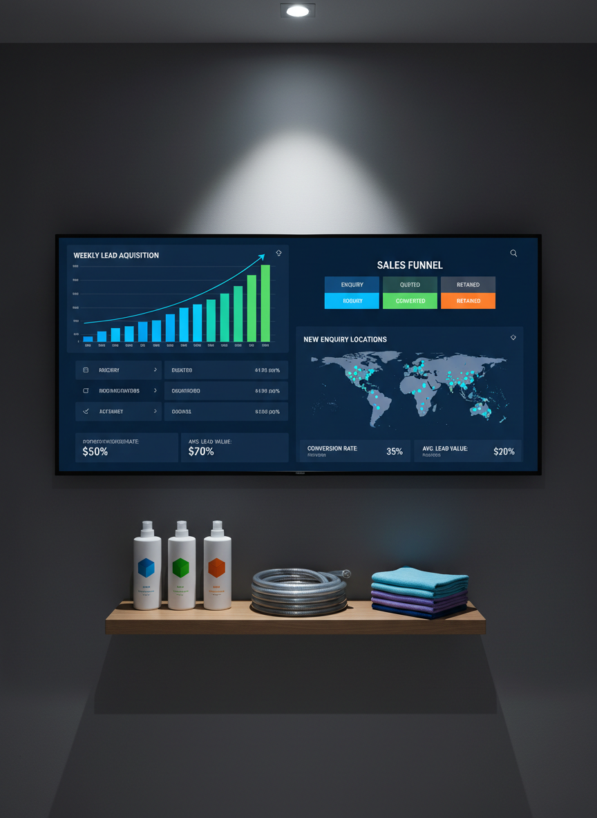 A wall-mounted, ultra-wide digital display in a compact operations room, showing a sophisticated lead reporting and analytics dashboard for a cleaning company, with bold graphs, funnel visualizations, and a map dotted with enquiry locations. Below the display, a narrow shelf holds neatly arranged, unused cleaning equipment: aligned bottles with simple geometric labels, a coiled hose, and stacked cloths in gradient colors. Cool, focused spotlights from the ceiling illuminate the screen and create subtle shadows beneath the equipment, leaving the surrounding room gently dimmed. Photographic realism captured straight-on at eye level, with sharp focus and a clean, modern aesthetic that emphasizes strategic oversight, data-driven decision making, and a sense of quiet, confident control over every lead.
