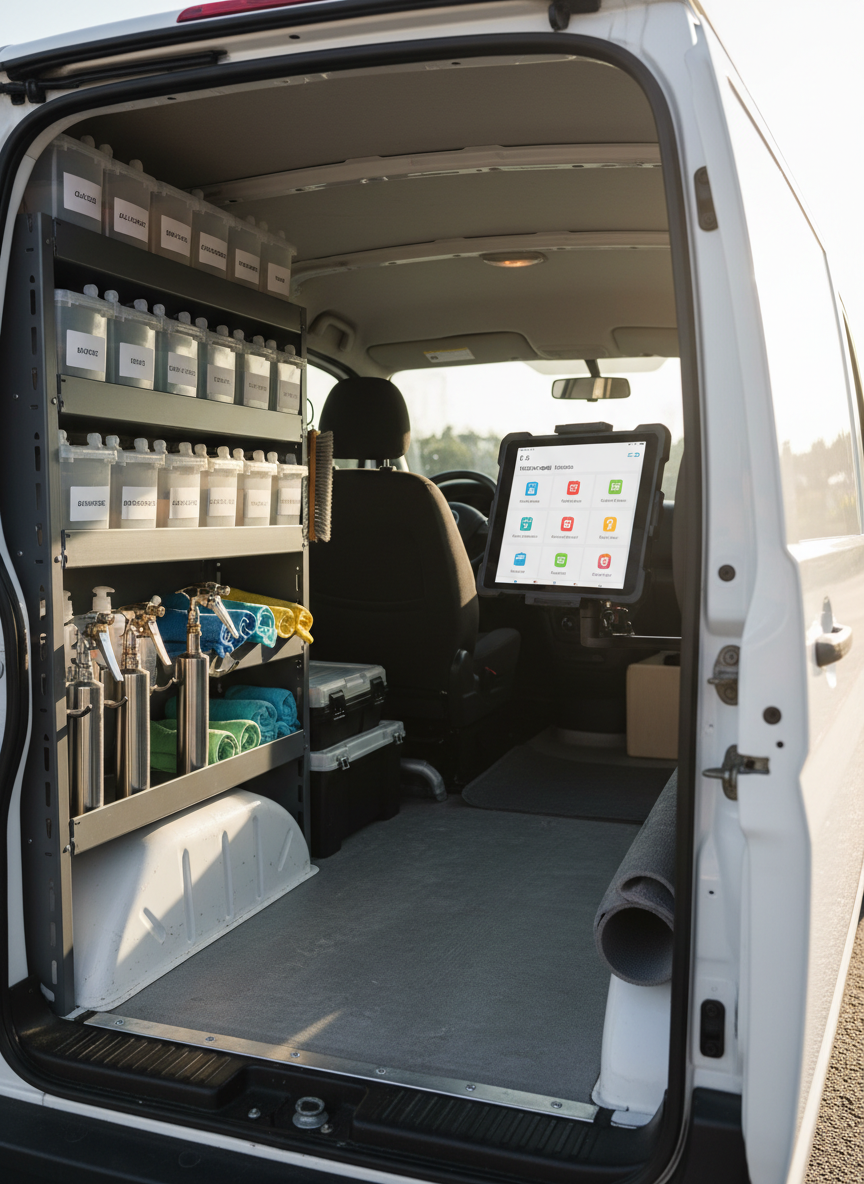 The interior of a compact service van, meticulously organized for a mobile cleaning business. Along one wall, custom shelving holds carefully aligned cleaning tools—labeled containers, color-coded microfiber bundles, and polished nozzles—while a sturdy tablet is mounted near the driver’s seat, clearly showing a lead management app with today’s enquiries and bookings in a simple, icon-based interface. Late afternoon sunlight shines through the open side door, creating bright highlights on metal fixtures and soft shadows across the rubberized floor. Photographic realism from a wide-angle view near the rear of the van, using asymmetrical balance so the technology and tools share visual weight, conveying readiness, efficiency, and the feeling that no lead is missed while work is in motion.