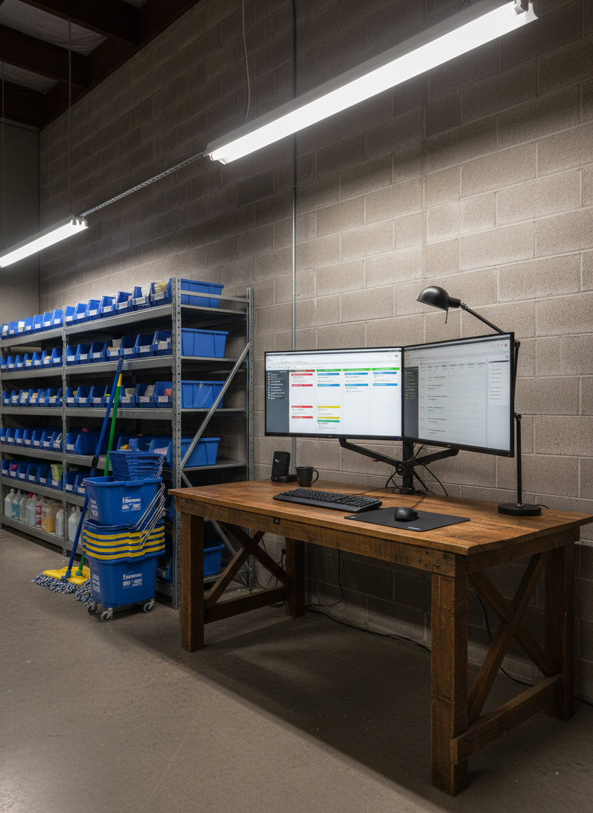 A tidy small-business command center in a corner of an industrial cleaning warehouse, featuring a sturdy wooden desk tucked beside shelves of labeled supply bins and stacked mop buckets. On the desk, a large desktop monitor displays a lead pipeline view with stages arranged horizontally, while a second, vertical monitor shows automated SMS and email follow-up schedules for prospects. Overhead fluorescent lighting and a small task lamp blend to create bright, functional illumination with a few soft shadows under peripherals. Photographic realism from a mid-distance, eye-level angle, capturing both screens and the neatly arranged cleaning supplies in equal clarity. The mood is practical and grounded, emphasizing that even hands-on, equipment-heavy operations can maintain a sophisticated, organized lead management system.