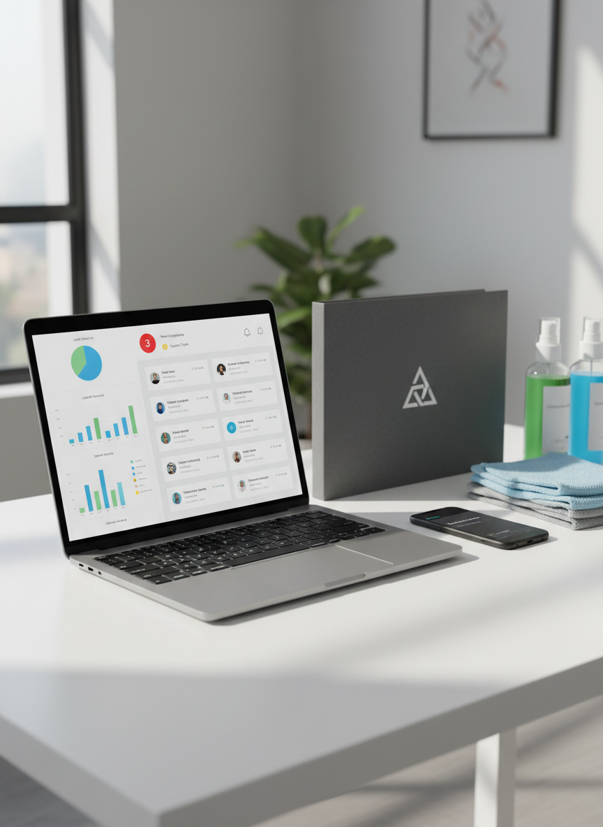 A sleek, modern laptop displaying a clean lead management dashboard on its screen, with colored charts, neatly organized lead cards, and prominent notification icons for new enquiries. The laptop rests on a spotless white desk, next to a closed folder labeled only with a simple geometric symbol instead of text, a smartphone showing a subtle message alert, and a tidy stack of microfiber cloths and spray bottles hinting at a cleaning business. Soft daylight from a nearby window creates gentle reflections on the laptop’s metallic surface and casts faint shadows across the workspace. Photographic realism at eye level, with a shallow depth of field that keeps the dashboard in crisp focus while the background softly blurs, creating a professional, efficient, and reassuring mood.