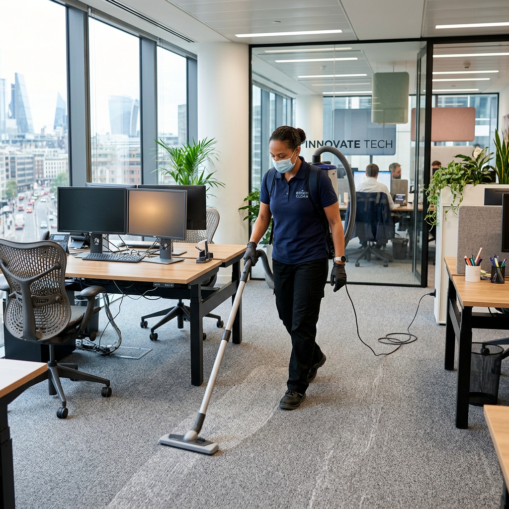 Janitor vacuuming carpet in a bright office with desks and computers